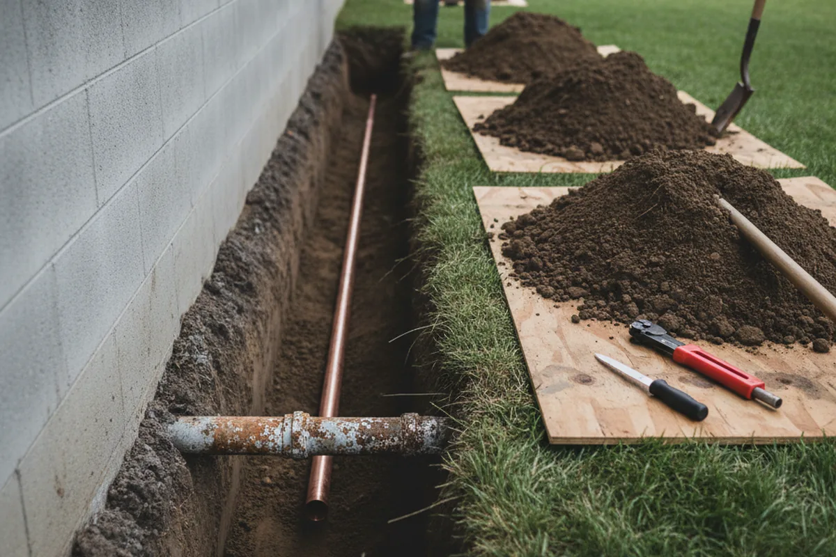 Excavated water line trench during Water Softener Installation in Lotus